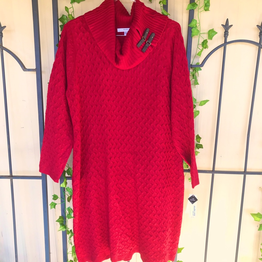 Studio One Sweater Dress 2X 2 X Plus Sz Woman Red Med Knit Stretch High Neck New
